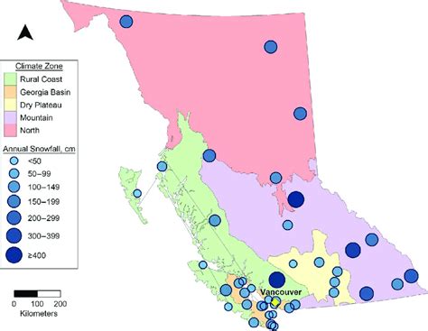 Average annual snowfall levels in the 5 climate zones, British ...