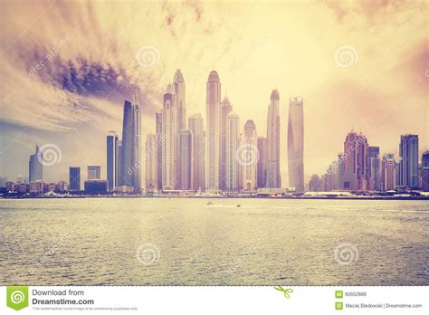 Dubai Waterfront Skyline, Color Toning Applied, UAE. Stock Photo - Image of filtered ...