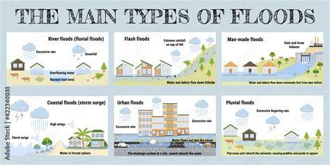 The main types of floods. Flooding infographic. Flood natural disaster ...