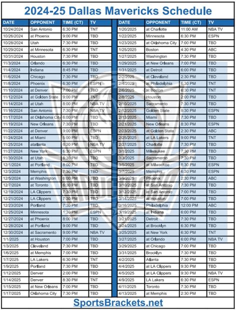 Printable 2024-25 Dallas Mavericks Schedule; TV Broadcasts and Matchups ...