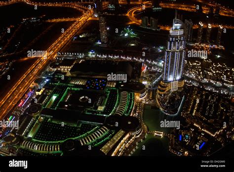 Aerial, night view of downtown Dubai, United Arab Emirates Stock Photo ...