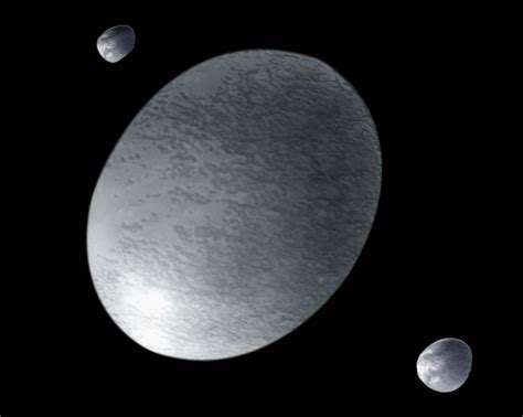 Haumea (~1,430 km), a Kuiper Belt plutoid, with its moons Hi'iaka and ...