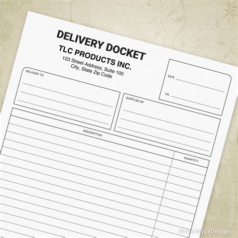 Delivery Docket Printable Form with Lines, Personalized, #1