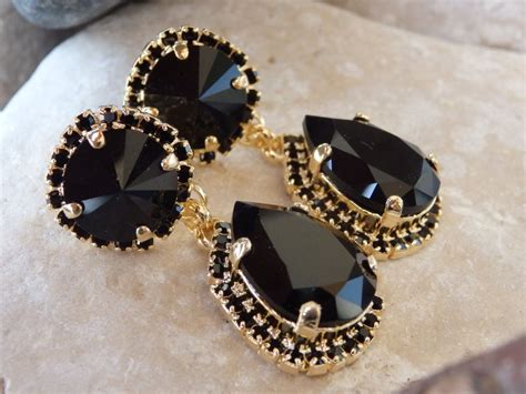 Black Crystal Chandelier Earrings Gold Plated Black Swarovski