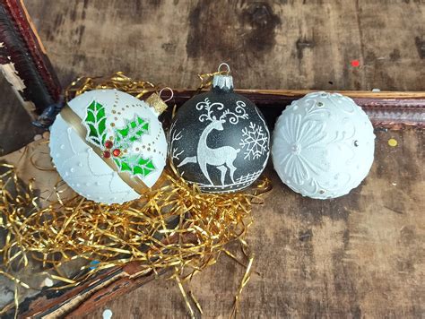 Black and White Christmas Baubles Textured Hand Painted Glass - Etsy