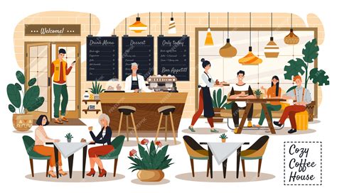 Premium Vector | People in cozy cafe, coffee shop interior, customers and waitress, vector ...