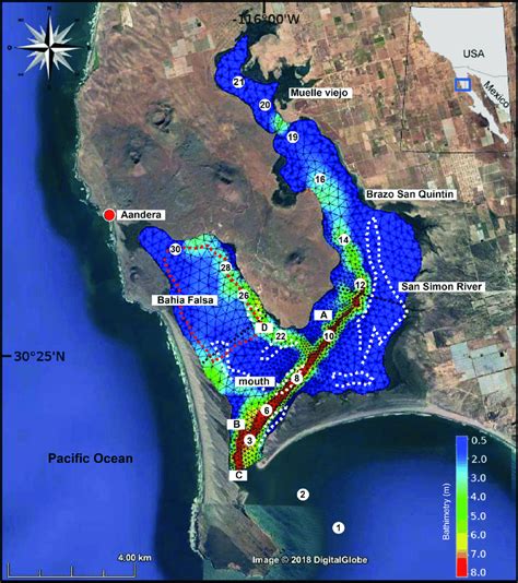 Map of San Quintin Bay (SQB) with bathymetry and model grid. Numbers... | Download Scientific ...