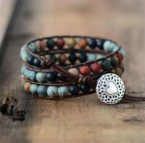 Vintage Leather Bracelets 6MM Matte Stone 3 Strands Wrap Bracelets Woven Multilayer Boho ...