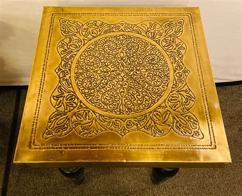 Pair of Handmade Modern Moroccan End Tables in Fine Gold Brass & Carve