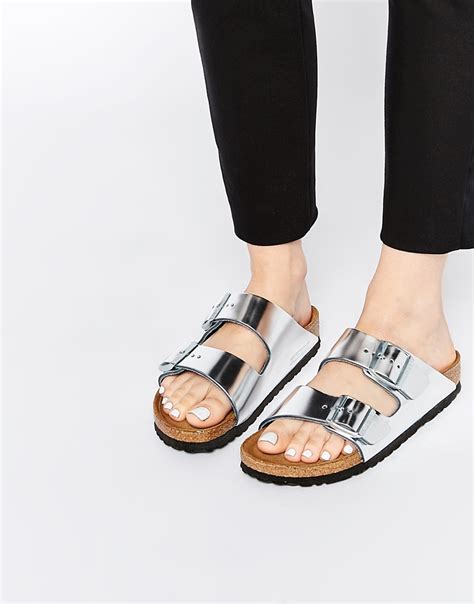 Birkenstock Arizona Metallic Silver Slider Flat Sandals in Metallic | Lyst