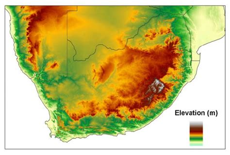 Elevation map of South Africa illustrating the overall features of ...