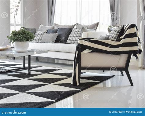 Modern Living Room Interior with Black and White Checked Pattern Pillows and Carpet Stock Image ...