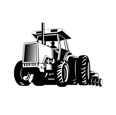 Farm Tractor Pulling a Plow or Plough While Plowing Retro in Black and White 1902601 Vector Art ...