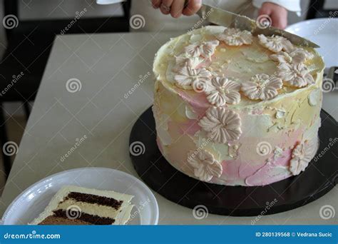 Cutting Decorated Birthday Cake Stock Photo - Image of buttercream ...