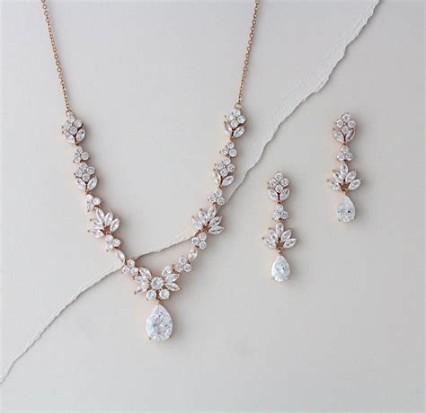 Rose Gold Bridal Necklace and Earring Set Bridal Jewelry Set - Etsy ...