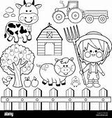 Farmer boy And Animals Collection Black White coloring Book Page  sketch template