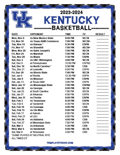 Printable 2023-2024 Kentucky Wildcats Basketball Schedule