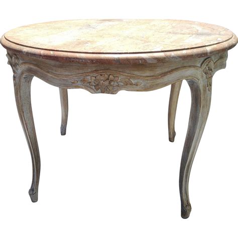 Vintage Round French Carved Coffee Table Cocktail Table w Marble Top from nobiliantiques on Ruby ...