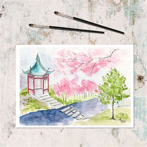 Japanese Garden Original Watercolor and Ink Landscape Painting Urban Sketching Architecture ...