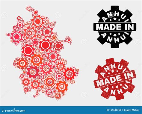 Mosaic Anhui Province Map of Cog Elements and Grunge Stamp Stock Vector - Illustration of gear ...