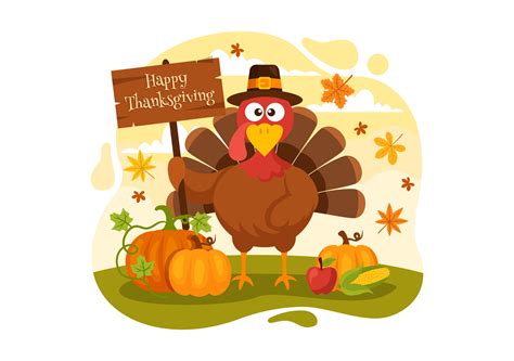 Happy Thanksgiving Day Vector Illustration with Turkey Bird, Pumpkin ...