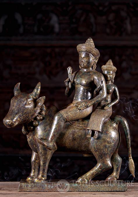 Bronze Statue of Shiva & Parvati Peacefully Seated on the White Bull, Nandi 20" (#157cbm3 ...