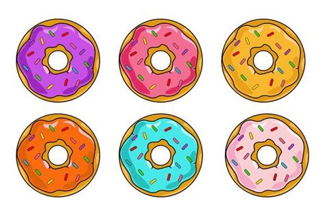 four donuts with different colored frosting and sprinkles in the middle