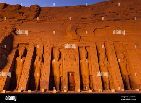 Sunset glow of Nefertari's temples, Temple of Nefertari, Abu Simbel ...