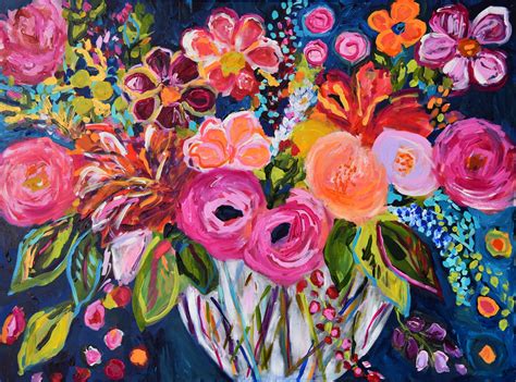 Fine Art PRINT, Large Still Life, Abstract Flowers, Colorful Bouquet, Indigo, Navy, Coral and ...