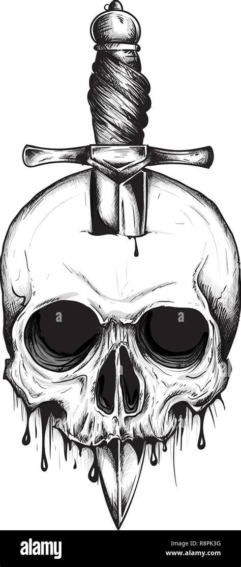 A knife through a skull. Simple skull face series. Monoline skull tattoo design vector Stock ...