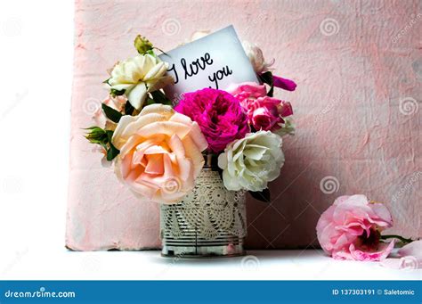 Rose Flowers Bouquet and I Love You Message Stock Image - Image of ...