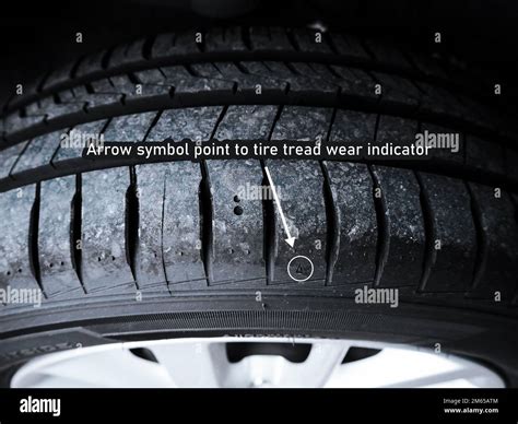 The arrow symbol point to tire tread wear indicator of car tire Stock ...