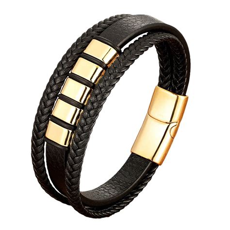 Multilayer Black Leather Bracelet With Stainless Steel Magnetic Clasp » Band And Bracelets