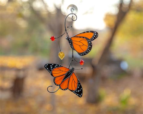 Monarch butterflies stained glass suncatcher - modern window decor