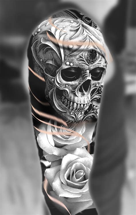 Skull and roses Shoulder tattoo design | Skull sleeve tattoos, Skull ...