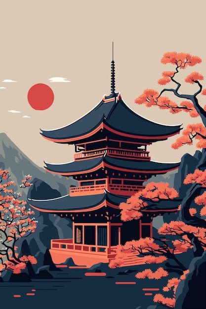 Premium Vector | Japan temple or asian pagoda japanese traditional landmark with cherry blossom tree