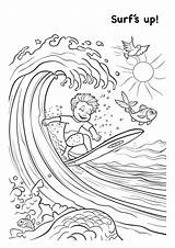 Fun Surfing Boy Coloring Page A4 Landscape Summer Waves Birds Fish  sketch template