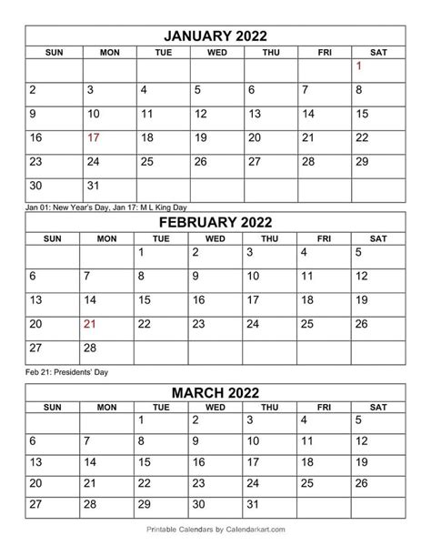 Free Printable January to March 2022 Calendar - CALENDARKART | Yearly calendar template ...