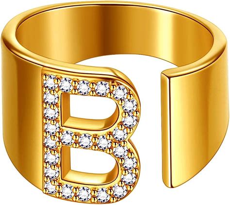 Beautlace Letter B Rings Adjustable 18K Gold Plated Initial B Alphabet Open Ring with Cubic ...