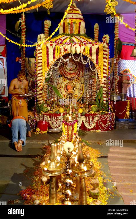 HMA78868 altar in Lord Ayyappa temple and brass oil lamps Pooja Kerala India Stock Photo - Alamy