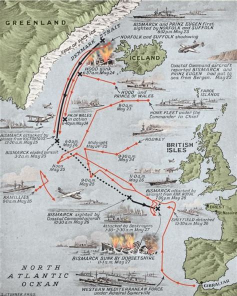 Sinking the Bismarck - Map of the last voyage of the Bismarck | Wwii ...