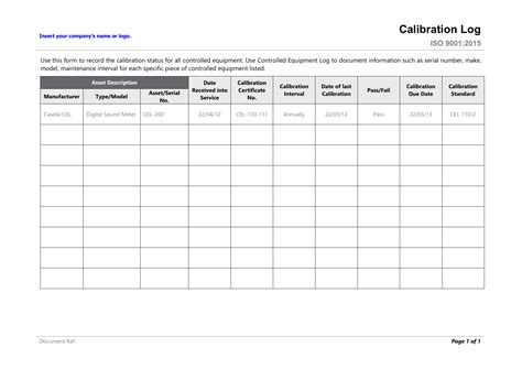 Printable Calibration Log Sheet - Printable Calendars AT A GLANCE