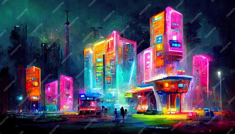 Premium Photo | Colorful futuristic city concept art illustration