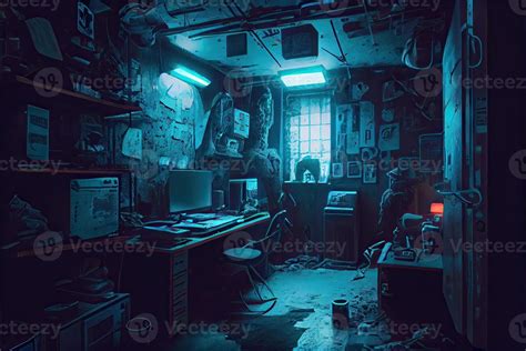 illustration of messy and dark cyberpunk hacker hideout room with lights 22702112 Stock Photo at ...