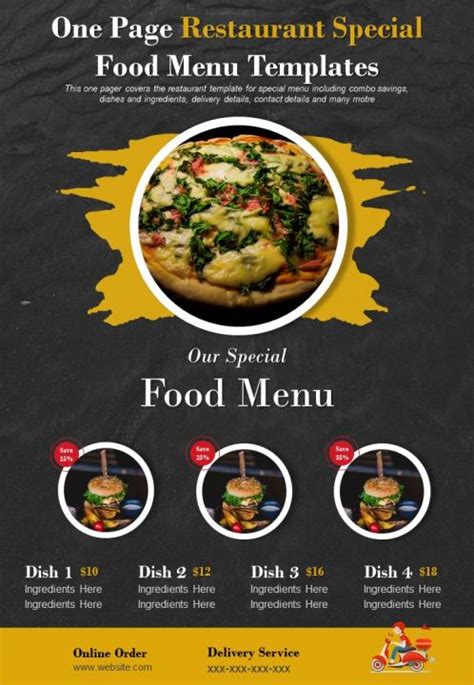 One Page Restaurant Special Food Menu Templates Presentation Report ...