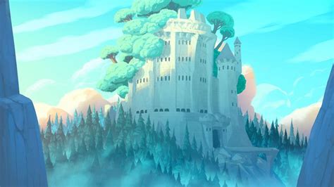 a castle in the middle of a forest with trees on it's sides and blue sky above