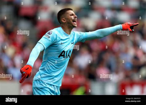 Tottenham Hotspur goalkeeper Guglielmo Vicario in action during the Premier League match at the ...