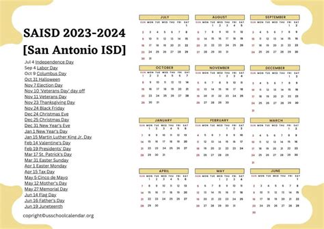 SAISD Calendar with Holidays 2023-2024 [San Antonio ISD]