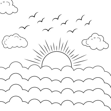 Sun and clouds line art drawing style, Clouds in the sky,sun and Cloud kids drawing for nursery ...