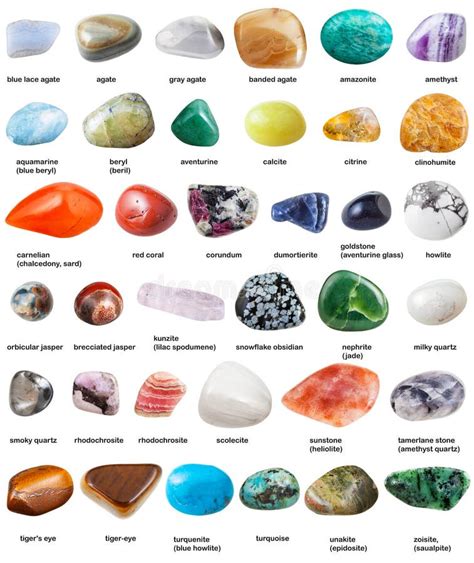 Various Tumbled Gemstones with Names Isolated Stock Photo - Image of clinohumite, calcite: 77285526